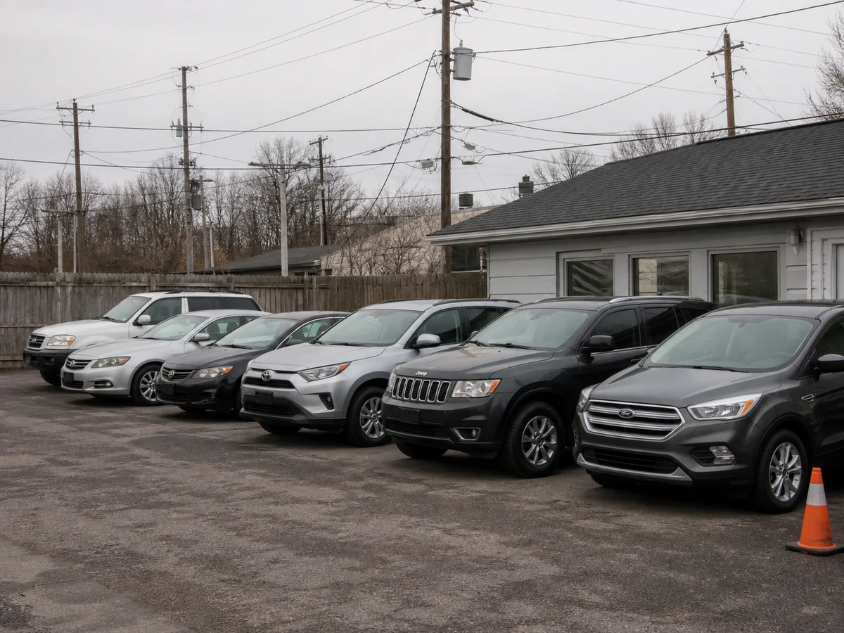 A row of used cars parked on a small dealership lot
