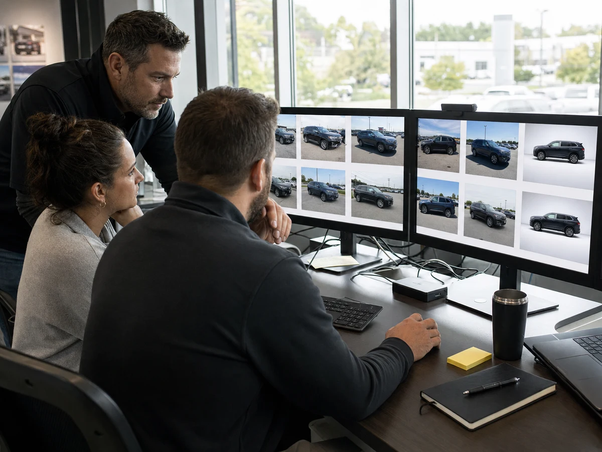 An inventory team reviewing vehicle listing photos on a monitor