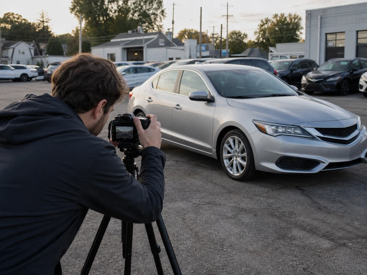 A photographer shooting a car with a camera on a tripod