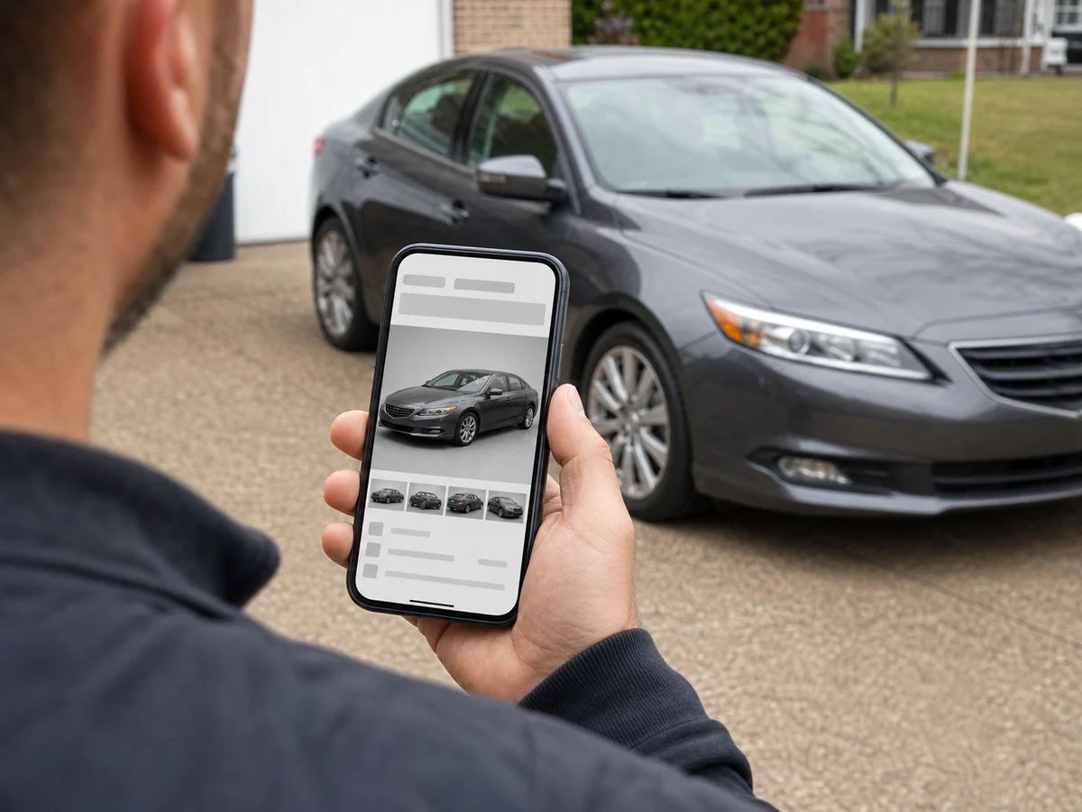 A car listing photo open on a phone in a marketplace app
