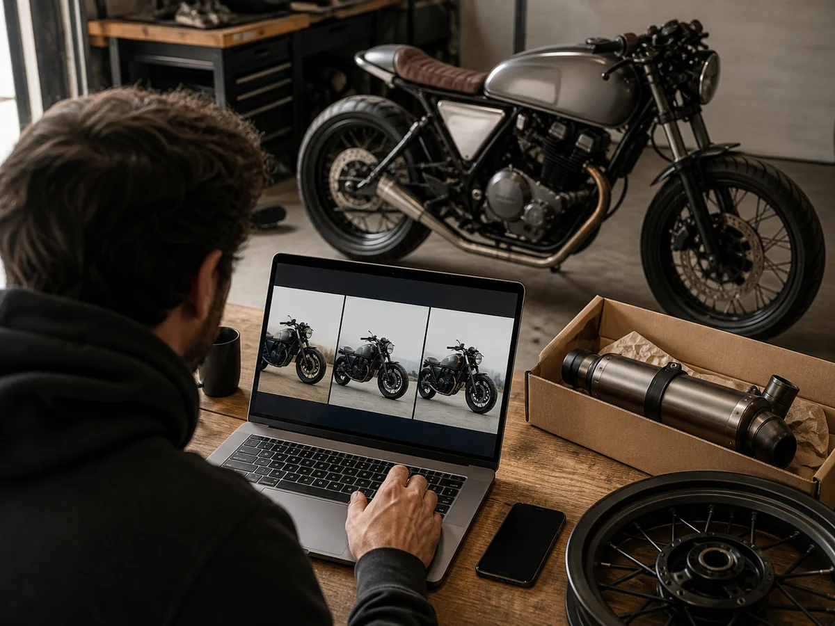A rider comparing exhaust and handlebar options on a laptop