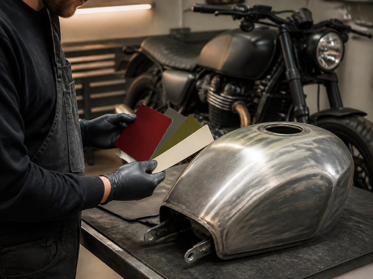 A motorcycle fuel tank in a satin paint finish under studio lighting